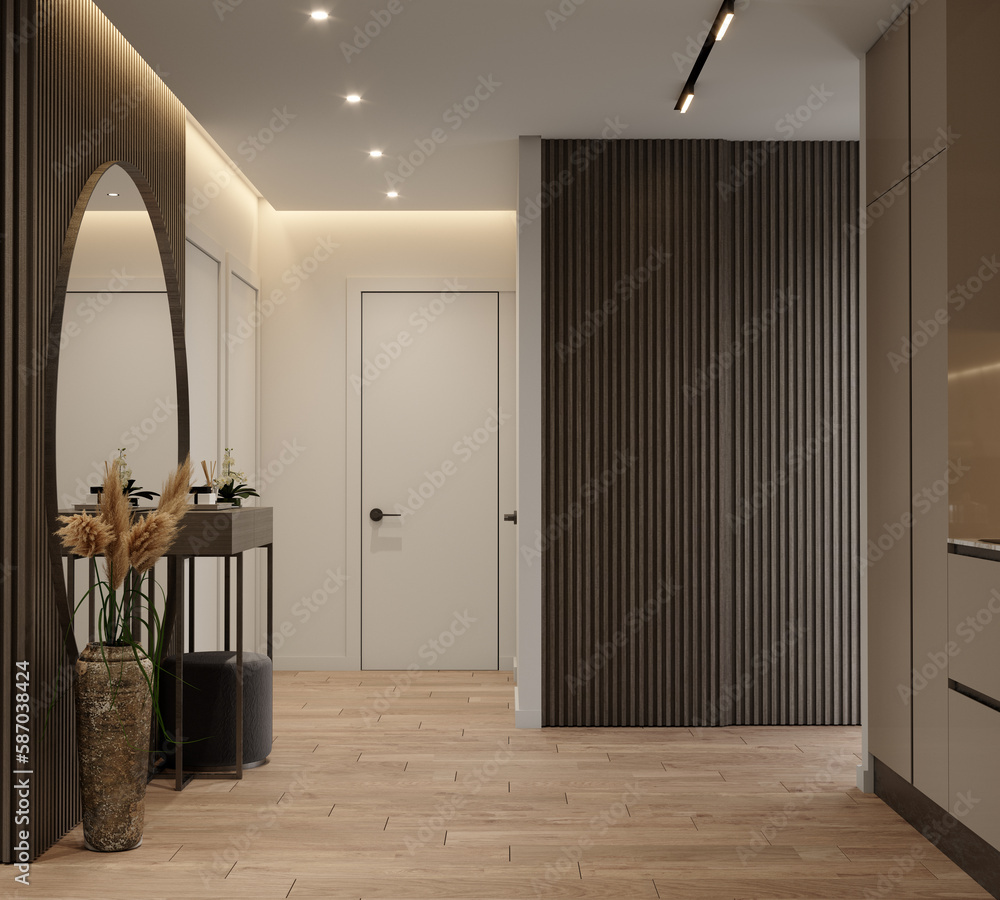 Modern home interior design. Modern apartment entrance or hallway. 3D ...