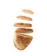 Sliced bread falls on a pile close-up on a white background. Isolated