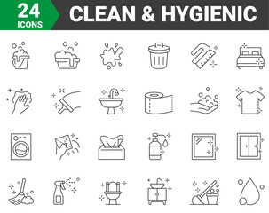 Wall Mural - Simple Set of 24 Cleaning Related Vector Line Icons. Contains such Icons as spray, dust, clean surface, sponge and more. Editable stroke.