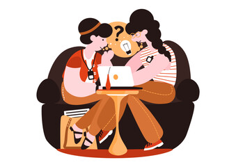 Mentoring concept. Two women sitting on a sofa and solving a problem. Vector.