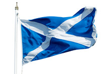 Scottish Flag (Saint Andrews Flag) On A Pole Waving In The Wind Isolated On Transparent Background, Png File
