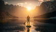 Man in thermo clothing rowing oar on sup board blue lake water paddleboard background of forest and mountains. Concept travel adventure. AI generation