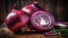 Close Up Of Sliced Red Onion And Whole Red Onion On A Wooden Table. Generative Ai