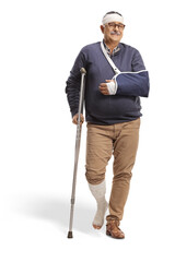 Sticker - Full length portrait of a mature man with a broken arm and bandage on head