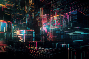 abstract colorful 3 dimensions background, digital glitch art with cubes dispersed in space, generative ai