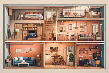 Wall Mural - Cute house and interior cross section, Generative AI