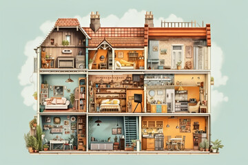 Wall Mural - Cute house and interior cross section, Generative AI