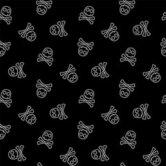 Wall Mural - Small white contour linear skulls and crossbones isolated on a black background. Monochrome seamless pattern. Vector simple flat graphic illustration. Texture.