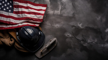 Wall Mural - Happy Labor day concept. American flag with different construction tools on dark stone background, with copy space for text. Generative Ai