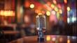 Retro microphone against blur colorful light restaurant background. Generative Ai