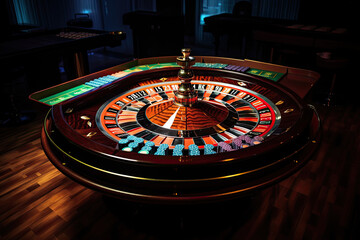 Wall Mural - Casino roulette close up. Roulette wheel. Gambling addiction. Created with Generative AI