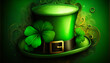 Shiny green hat and gold clover leaves. St. Patrick's day background, wallpaper. Generative AI