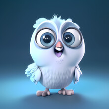Snowy Owl In Blue Cute Cartoon 3d Rendered White Owl In Blue Background Charming Cartoon-like Details By Creative AI