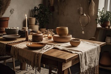 Wall Mural - Blurred backdrop, wooden rural dinner table with setup. Potted plants, jute carpet. Scandinavian bohemian decor. Plan, top,. Generative AI