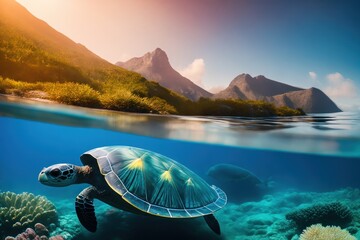 View of underwater wild turtle floating over blue beautiful natural ocean background. Life in the coral reef underwater. Wildlife concept of ecological environment. Generative AI