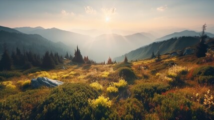 Canvas Print - Breathtaking panorama of morning wild nature high in mountains, generative ai