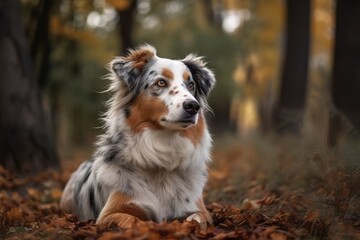 Canvas Print - Young Australian Shepherd dog enjoying himself in a park during the summer. blank area for text. Generative AI