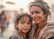 Hispanic Mother And Daughter Emerging From The Dust Storm. Generative AI.