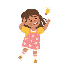 Canvas Print - Cute happy little girl having good idea. Brunette girl dressed yellow t-shirt and pink sundress pointing at bright light bulb cartoon vector illustration