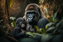 Gorilla With Cub In Natural Habitat. Generative AI