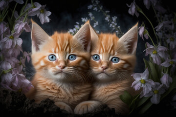 Two Baby cat in spring green grass with flowers. Generative AI