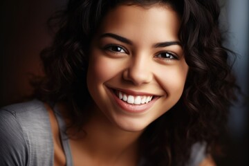 Close up image of a very beautiful attractive hispanic teenage girl looking at the camera smiling. Generative AI