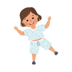 Poster - Cute little girl sticking out her tongue and teasing. Funny brown haired girl dressed t-shirt and shorts fooling around cartoon vector illustration