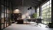 © RocknRoller Studios - Contemporary Office. Industrial Interior Design Background. Generative AI.