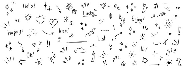 Aufkleber - Doodle cute glitter pen line elements. Doodle heart, arrow, star, sparkle decoration symbol set icon. Simple sketch line style emphasis, attention, pattern elements. Vector illustration.