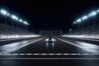 3D realistic the sports stadium for racing car is illuminated with floodlights. Featuring a steel gate, an empty pole position and a racetrack finish line. Generative AI