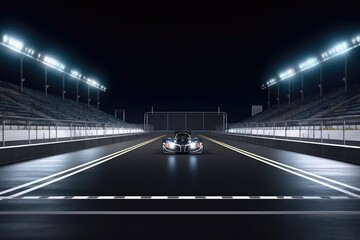 Wall Mural - 3D realistic the sports stadium for racing car is illuminated with floodlights. Featuring a steel gate, an empty pole position and a racetrack finish line. Generative AI