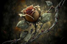A Fragile And Delicate Rose, Surrounded By Thorns And Barbed Wire. Dark And Realistic Colors, This Image Emphasizes The Need To Protect The Innocence Of Young Women. Generative AI