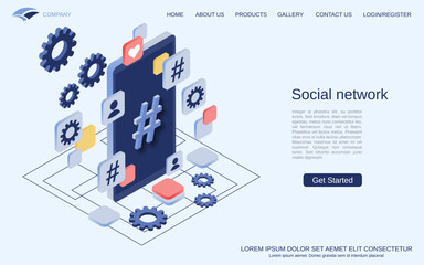 Wall Mural - Social network, live chat, web forum modern 3d isometric vector concept illustration. Landing page design template