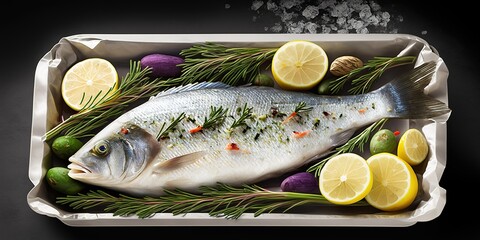 Wall Mural - Intact, fresh sea bass fillets, ready to be roasted with potatoes. Generative AI