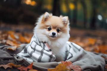 Wall Mural - Adorable fluffy Pomeranian spitz puppy with lovely outfit with light plaid. Dog bundled up against the chilly autumn air. Generative AI