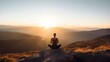 Eine Frau betreibt Meditation auf einem Stein in den Bergen beim Sonnenuntergang, created with Generative AI technology