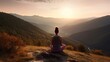 Eine Frau betreibt Meditation auf einem Stein in den Bergen beim Sonnenuntergang, created with Generative AI technology