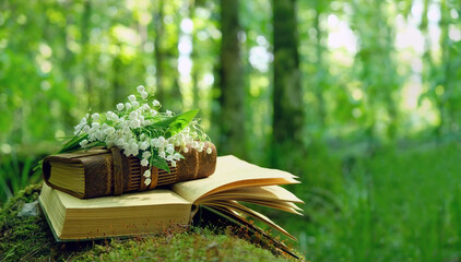 Lily of the valley flowers and old books in forest, green natural blurred background. symbol of spring season. romantic spring composition with flowers. template for design. copy space.