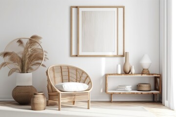 Sticker - A modern living area with a white wall and an empty picture frame. Boho inspired, Scandinavian interior design mockup. Copy space that is free for your image Rattan armchair and wooden console