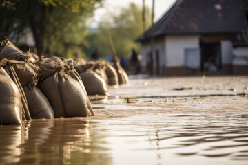 close shot of flood protection sandbags with flooded homes in the background. - ai generated