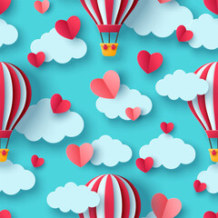 Wall Mural - Seamless pattern with hot air balloon, hearts and clouds. Valentine's day concept background. Vector illustration. Cute love wallpaper, Honeymoon and wedding adventure texture