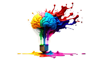 Liquid Color design background fly out of the light bulb with human brain as a idea colorful brain splash Brainstorm and inspire concept. isolated on Free PNG. Partially Generative AI.