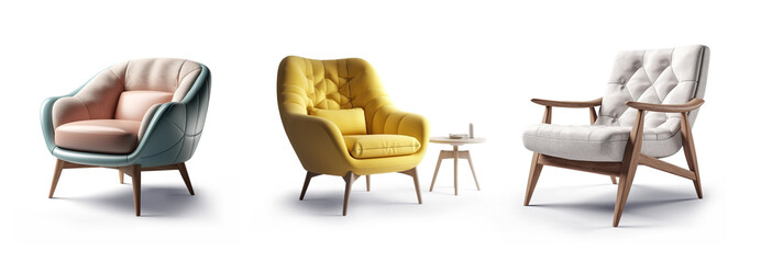 collection Set of retro vantage armchairs cutouts single seat sofas isolated on transparent background - Generative AI