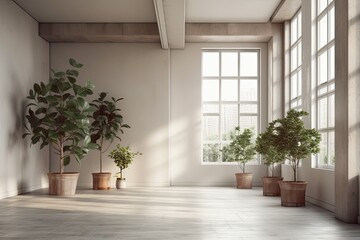 Poster - Interior design of a contemporary empty room with potted plants in the corner near the windows. Generative AI