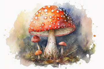 Generative AI. Red fly agaric, toadstool watercolor illustration isolated on white background.