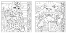 Victorian Style Cat Man And Woman. Adult Coloring Book Pages With Floral Frames.