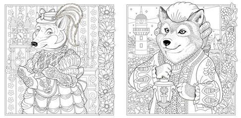 Wall Mural - Victorian style wolf man and woman. Adult coloring book pages with floral frames.