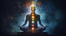 Concept Of Meditation And Spiritual Practice, Expanding Of Consciousness, Chakras And Astral Body Activation, Mystical Inspiration Image. Generative Ai