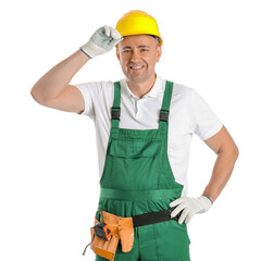 Sticker - Mature carpenter in hardhat on white background