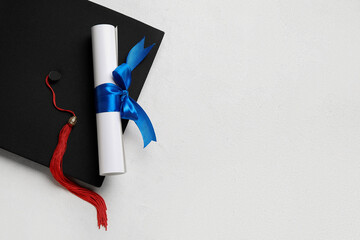 Diploma with blue ribbon and graduation hat on white table